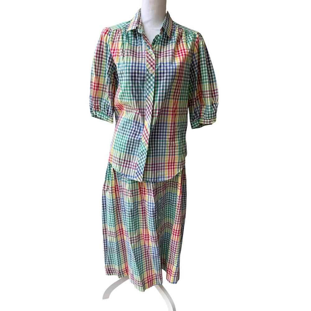 Cheryl Tiegs Vintage 80s Rainbow Gingham Plaid Skirt & Blouse Set Size 12